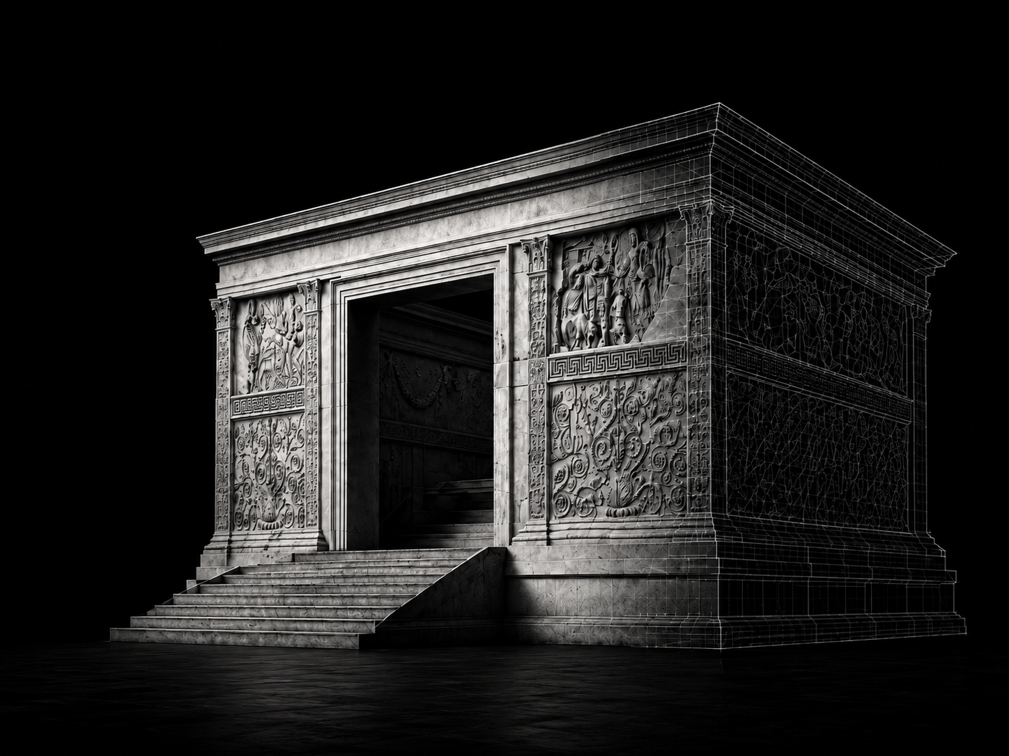Rendering architettonico dell'Ara Pacis a Roma